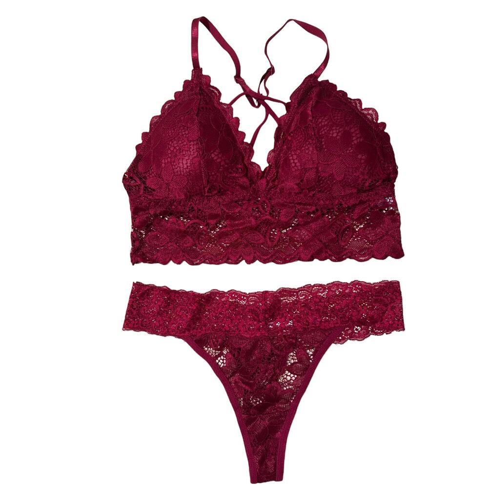 Lace Burgundy Camisole and Thong Lingerie Set Medium - Picture 5 of 6